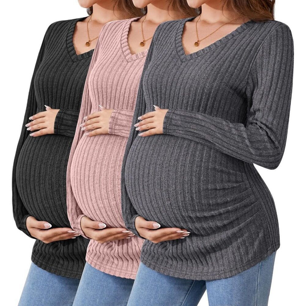 3 Pack Women's Maternity Shirts Ribbed Long Sleeve V Neck Knit Cozy Pregnancy To